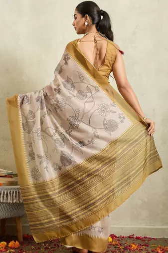 Cream printed blended cotton designer saree with blouse piece