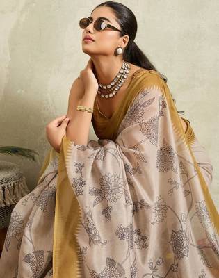 Cream printed blended cotton designer saree with blouse piece 4
