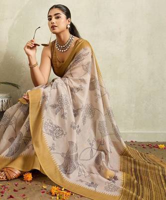 Cream printed blended cotton designer saree with blouse piece 5