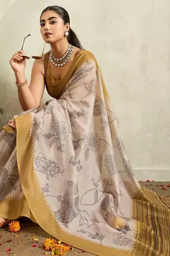 Cream printed blended cotton designer saree with blouse piece