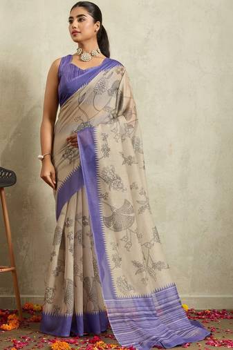 Cream printed blended cotton designer saree with blouse piece