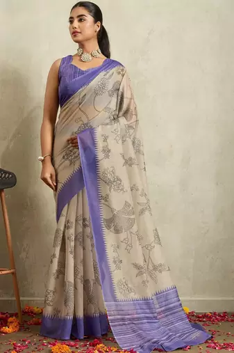 Cream printed blended cotton designer saree with blouse piece