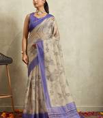 Cream printed blended cotton designer saree with blouse piece