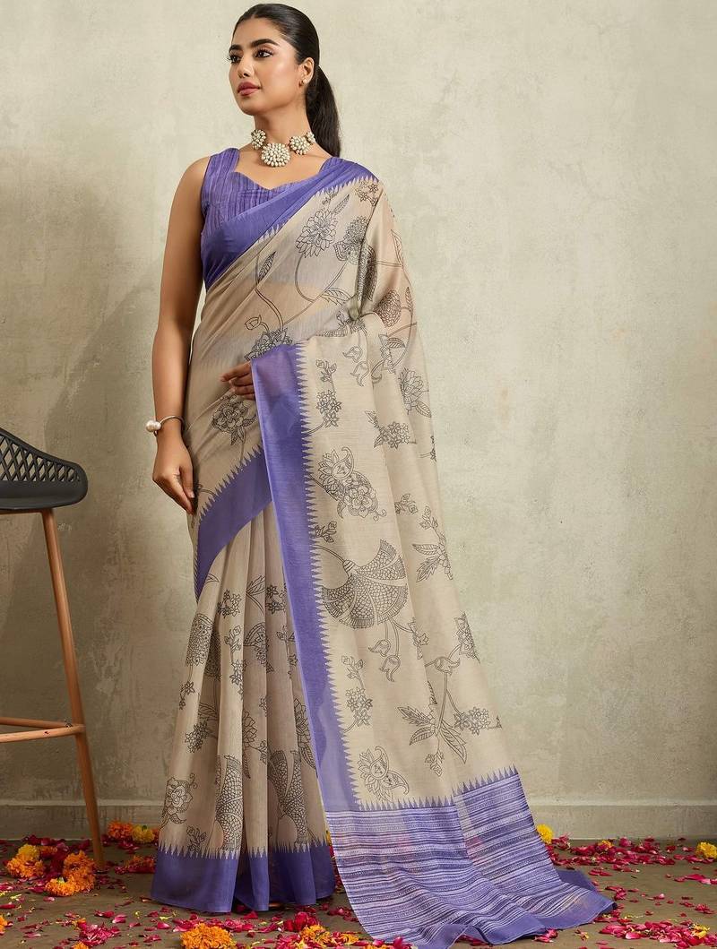 Cream printed blended cotton designer saree with blouse piece