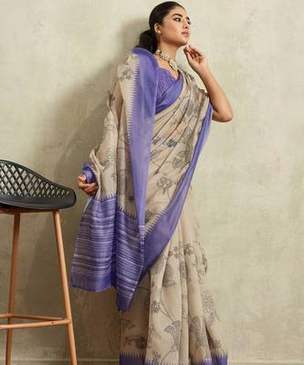Cream printed blended cotton designer saree with blouse piece 3