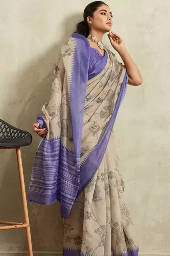 Cream printed blended cotton designer saree with blouse piece