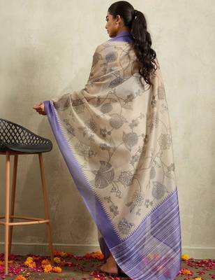 Cream printed blended cotton designer saree with blouse piece 5