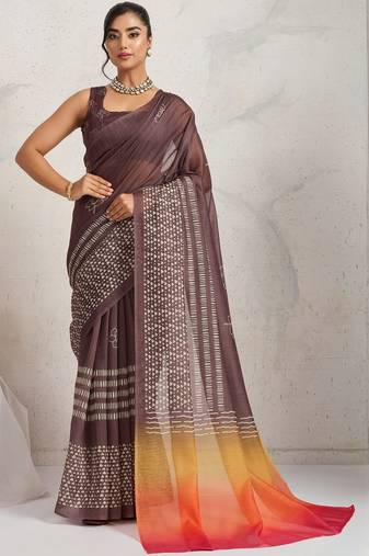 Purple printed blended cotton designer saree with blouse piece