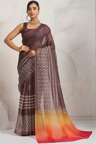 Purple printed blended cotton designer saree with blouse piece