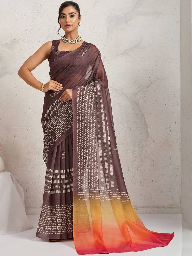 Purple printed blended cotton designer saree with blouse piece