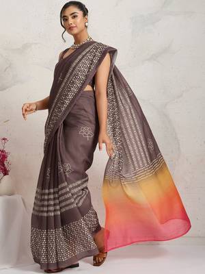Purple printed blended cotton designer saree with blouse piece 4