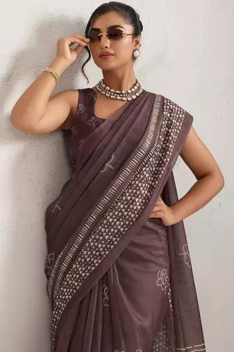 Purple printed blended cotton designer saree with blouse piece