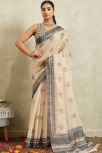 Cream printed blended cotton designer saree with blouse piece