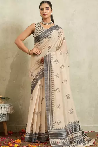 Cream printed blended cotton designer saree with blouse piece
