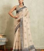 Cream printed blended cotton designer saree with blouse piece