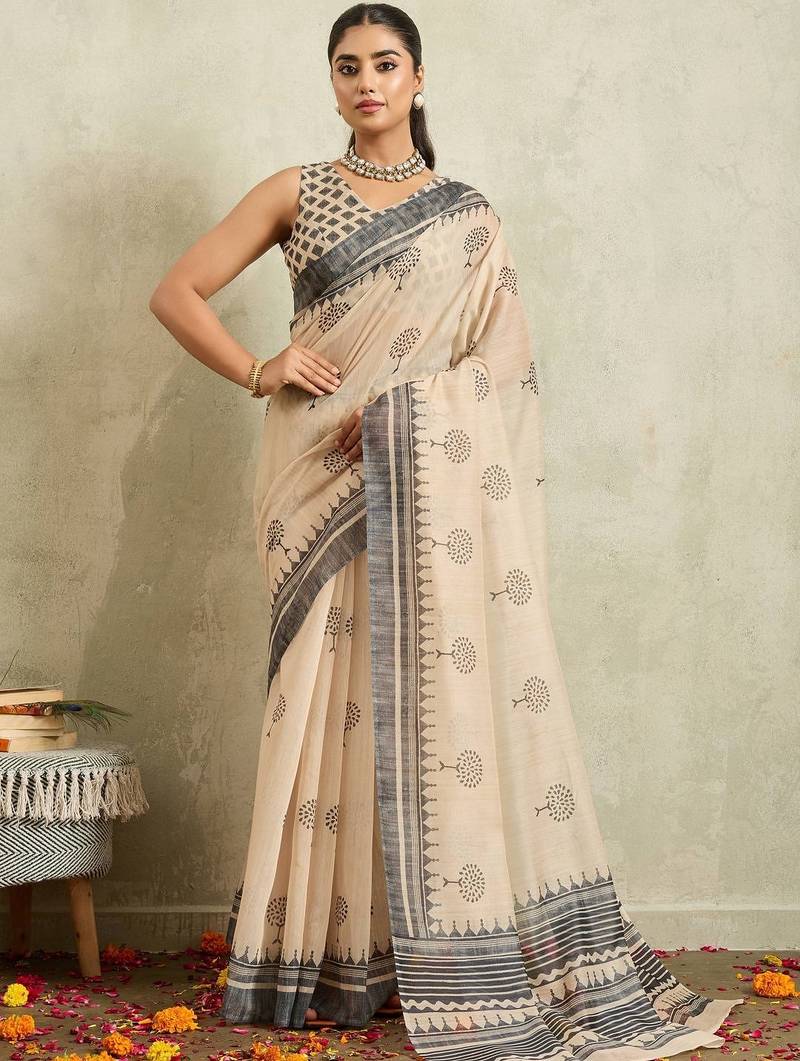 Cream printed blended cotton designer saree with blouse piece