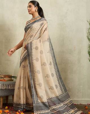 Cream printed blended cotton designer saree with blouse piece 2