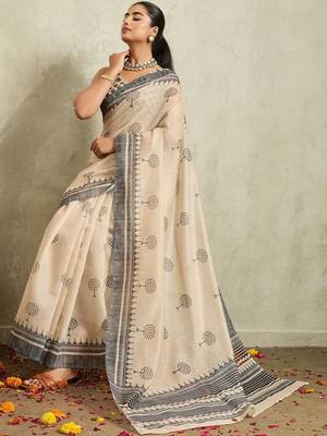 Cream printed blended cotton designer saree with blouse piece 4