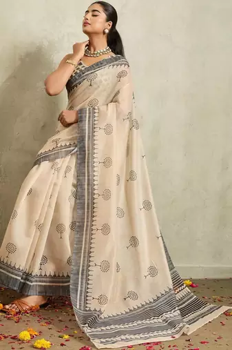 Cream printed blended cotton designer saree with blouse piece
