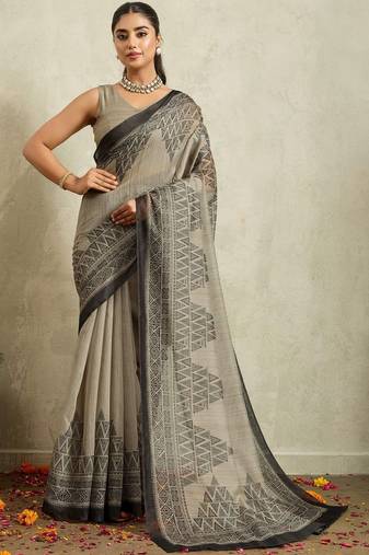 Grey printed blended cotton designer saree with blouse piece