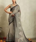 Grey printed blended cotton designer saree with blouse piece