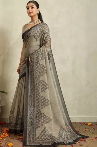 Grey printed blended cotton designer saree with blouse piece