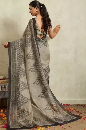Grey printed blended cotton designer saree with blouse piece