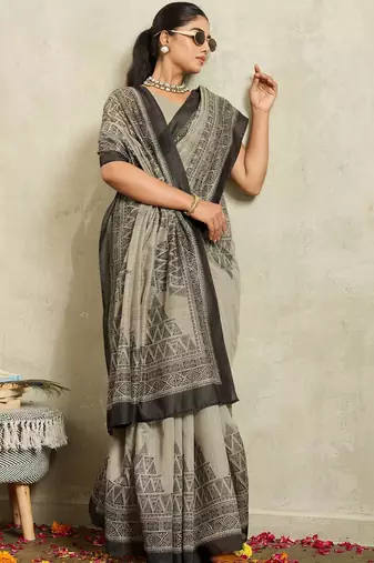 Grey printed blended cotton designer saree with blouse piece