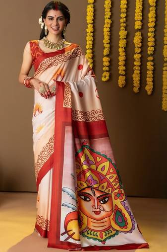 Cream printed silk blend ethnic saree with blouse piece