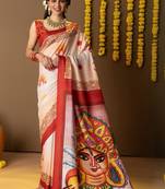 Cream printed silk blend ethnic saree with blouse piece