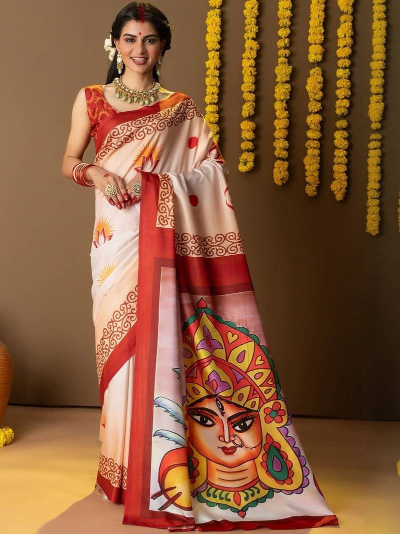 Cream printed silk blend ethnic saree with blouse piece