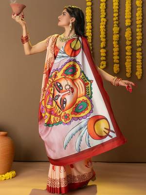 Cream printed silk blend ethnic saree with blouse piece 2