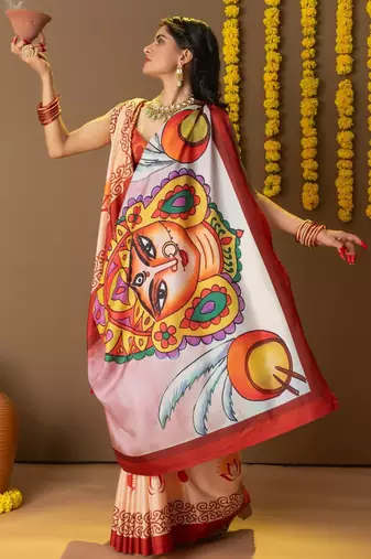 Cream printed silk blend ethnic saree with blouse piece