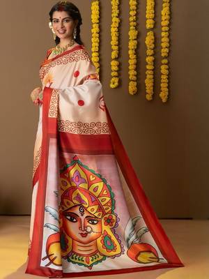 Cream printed silk blend ethnic saree with blouse piece 3