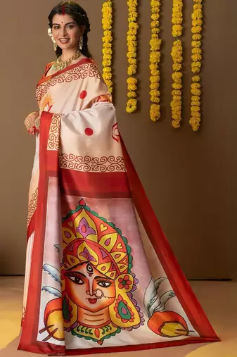Cream printed silk blend ethnic saree with blouse piece