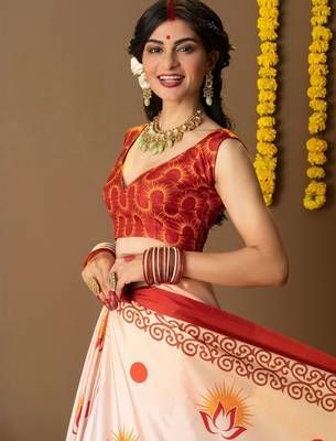 Cream printed silk blend ethnic saree with blouse piece 4
