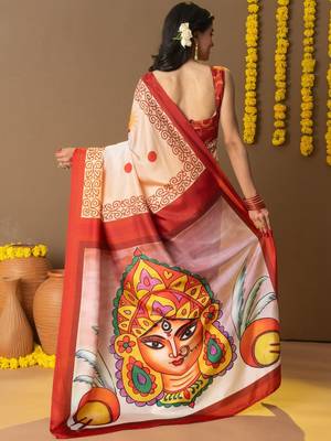 Cream printed silk blend ethnic saree with blouse piece 5