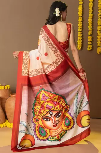 Cream printed silk blend ethnic saree with blouse piece