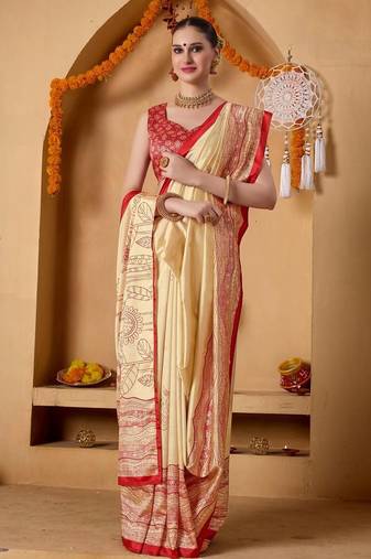 Cream printed art silk traditional saree with blouse piece