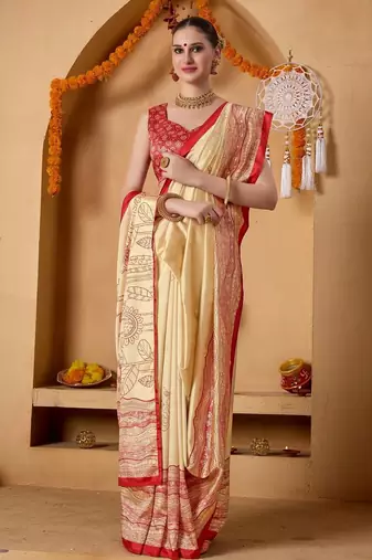 Cream printed art silk traditional saree with blouse piece