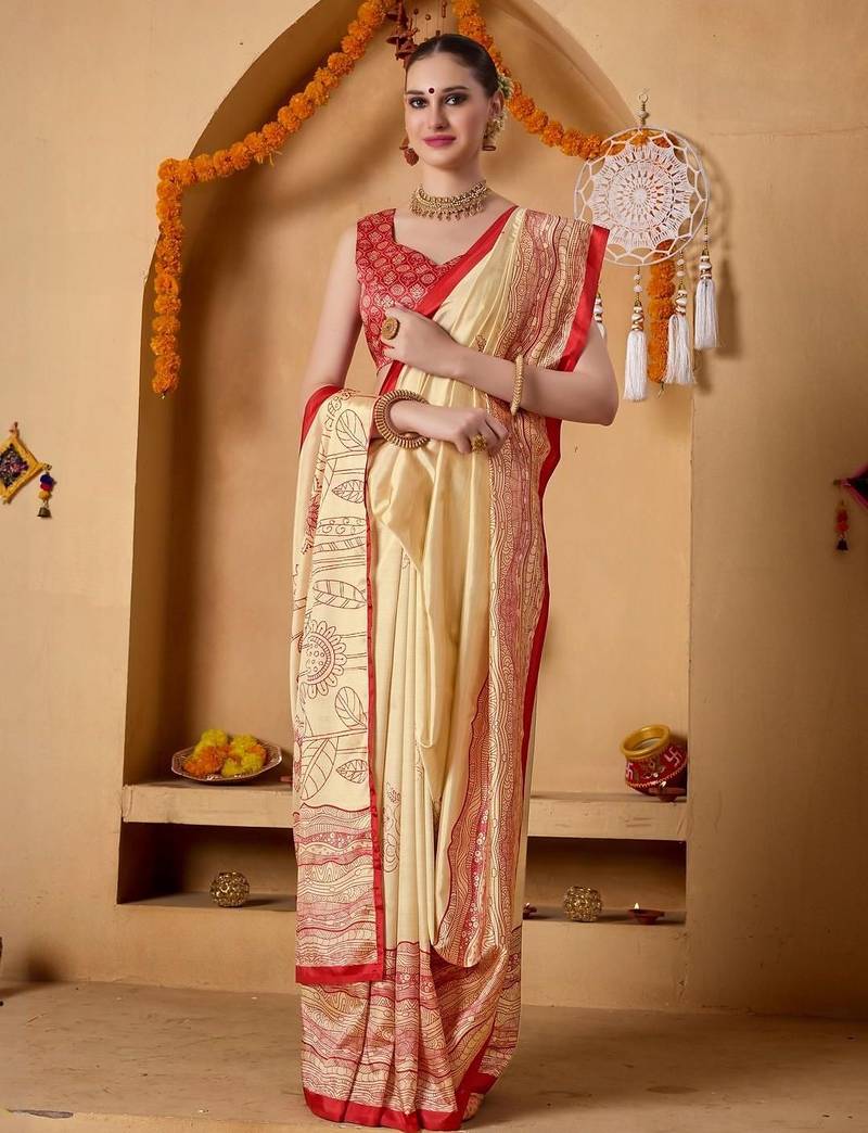 Cream printed art silk traditional saree with blouse piece