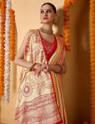 Cream printed art silk traditional saree with blouse piece 2