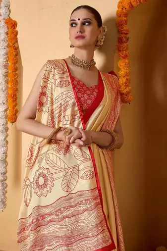 Cream printed art silk traditional saree with blouse piece