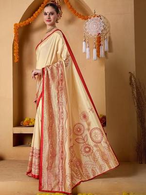 Cream printed art silk traditional saree with blouse piece 3