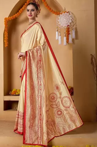 Cream printed art silk traditional saree with blouse piece