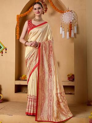 Cream printed art silk traditional saree with blouse piece 4
