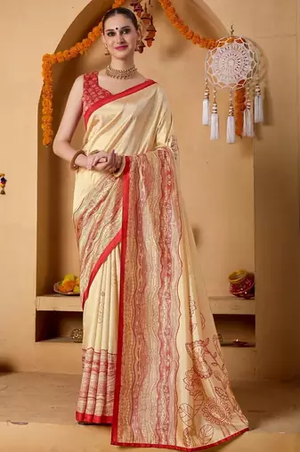 Cream printed art silk traditional saree with blouse piece