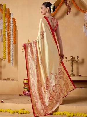 Cream printed art silk traditional saree with blouse piece 5