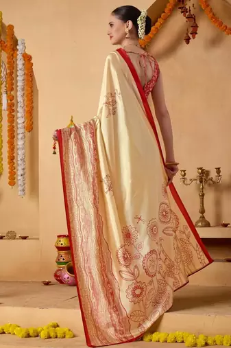 Cream printed art silk traditional saree with blouse piece