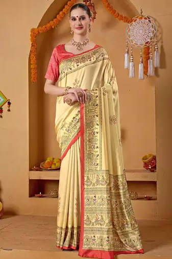 Cream printed art silk traditional saree with blouse piece